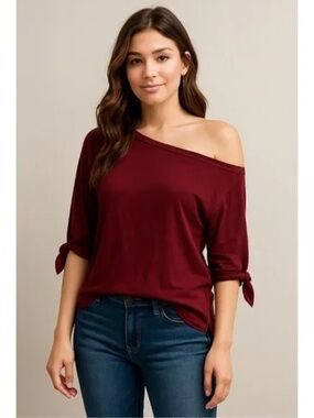 Ella Moss Drop Shoulder Knit Top Sleeve Ties Side Slits Burgundy Size XS